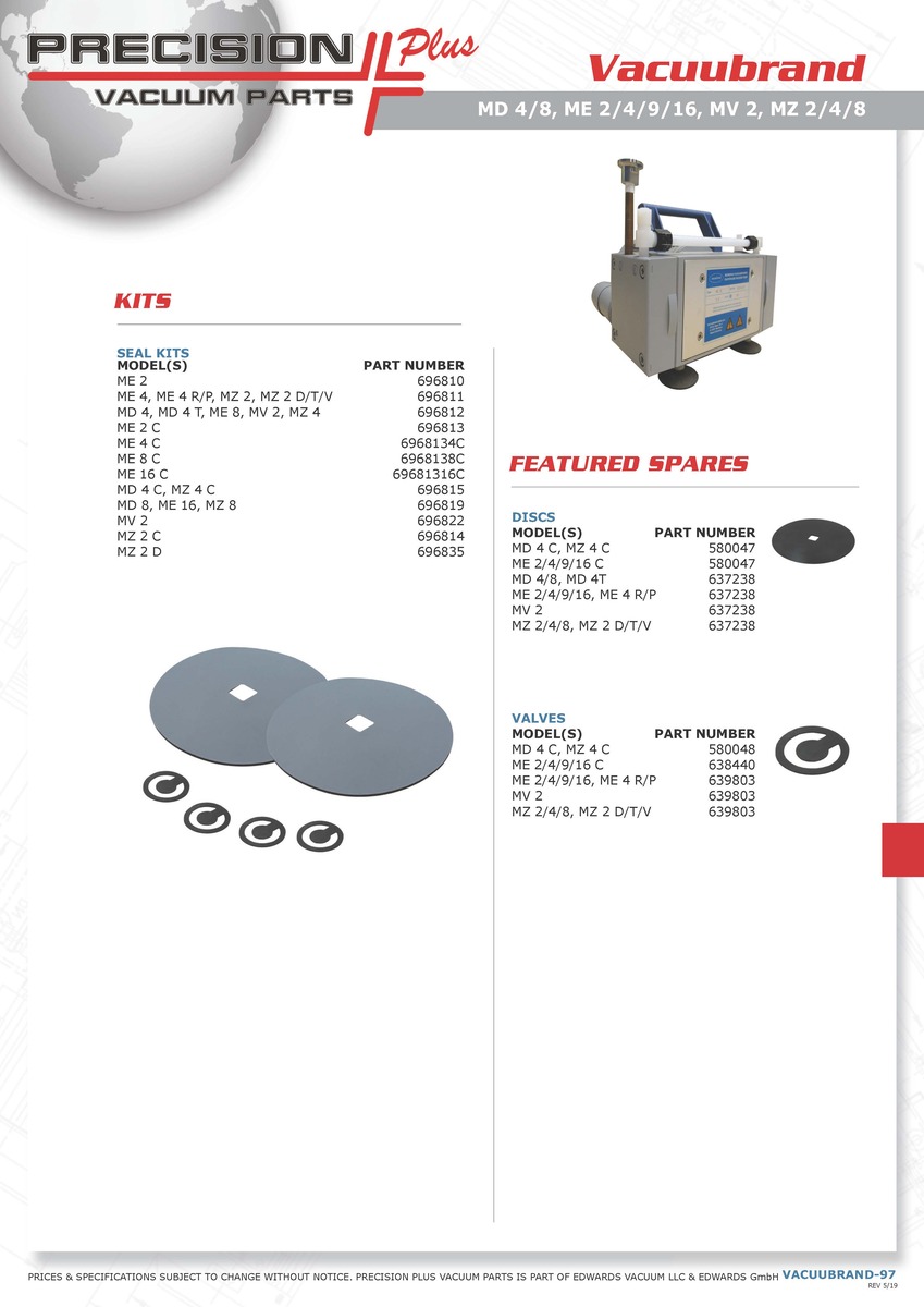 Seal Kit, Vacuubrand, ME, ME2, Part# VSK001